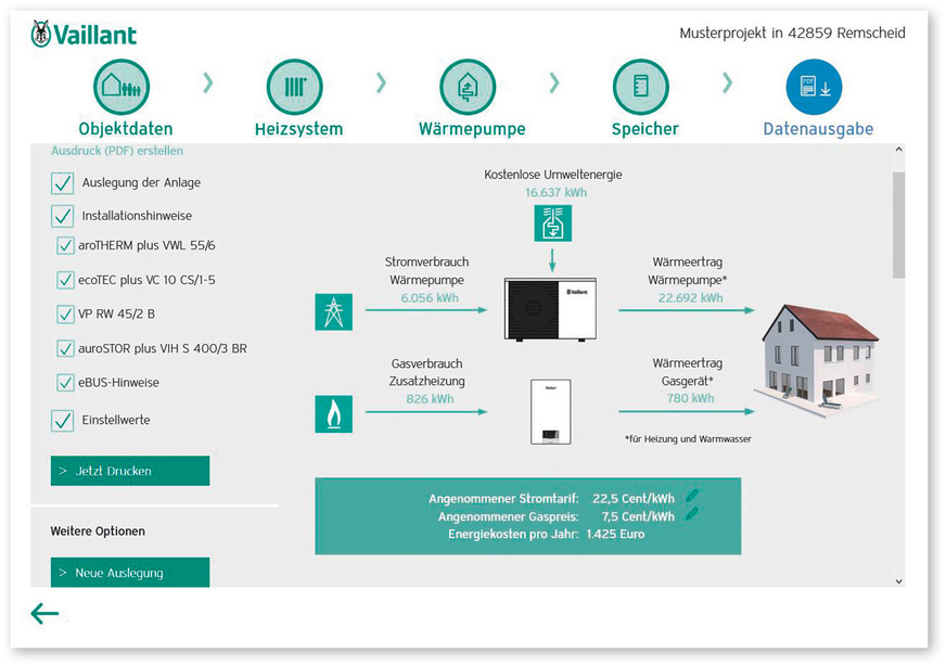 Datenausgabe: Aus den Daten werden abschließend PDF-Dateien zu Auslegung, Installationshinweisen und Einstellwerten der Wärmepumpenanlage erzeugt.