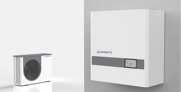 © Bild: Waterkotte Die Wärmepumpe Basic Line Air Bloc – links das Außengerät, rechts das Innengerät - eignet sich auch wegen ihres Kältemittels R290 für die Heizungsmodernisierung in Ein- und Zweifamilienhäusern.
