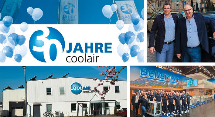 Collage zum 30-jährigen Jubiläum von Coolair: Logo, Luftballons, Teamgruppe, zwei posierende Männer und Firmengebäude. - © Bild: coolair © Bild: coolair