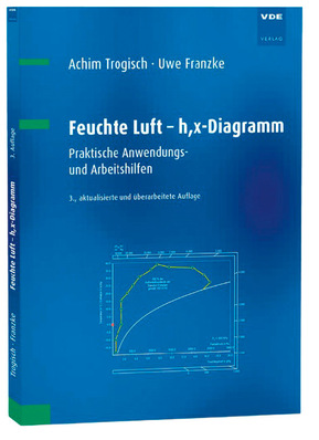 Blauer Buchumschlag mit dem Titel "Feuchte Luft - h,x-Diagramm" mit den Autoren Achim Trogisch und Uwe Franzke. - © Bild: VDE Verlag