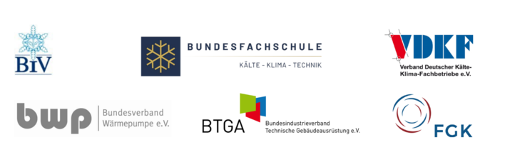 Logos von sieben deutschen Fachverbänden der Heizungs-, Lüftungs- und Klimatechnik in zwei Reihen auf weißem Hintergrund.