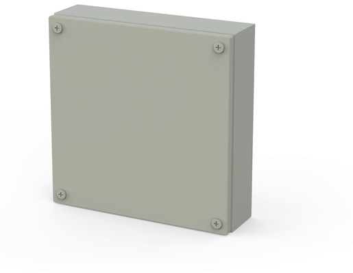 Ein schlichter, grauer, rechteckiger Metallkasten mit vier Schrauben in den Ecken, dargestellt auf weißem Hintergrund. - © Bild: Systemair