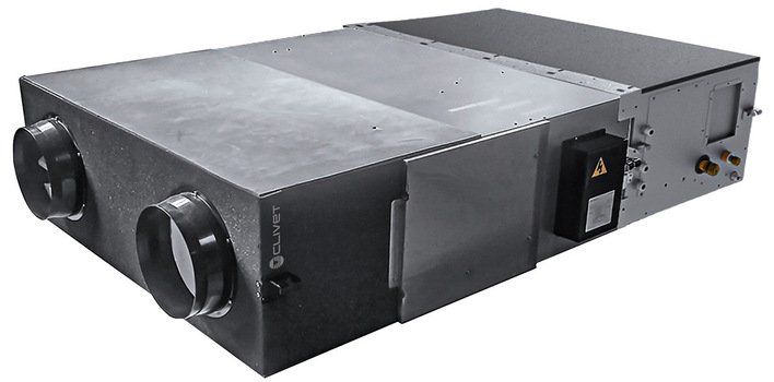 Rechteckiges HLK-Gerät aus Metall mit zwei runden Luftkanälen und einem Bedienfeld an der Seite. - © Bild: Clivet