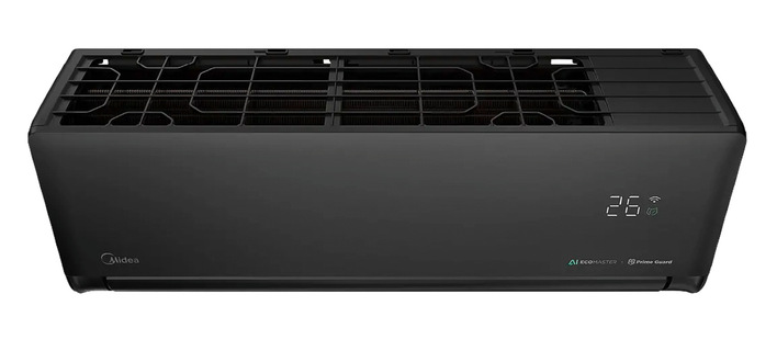 Schwarzes wandmontiertes Midea-Klimagerät mit digitaler Temperaturanzeige, eingestellt auf 26°C. - © Bild: Midea