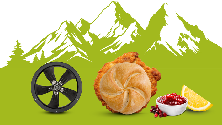 Ein schwarzes Autorad, ein Hühnchensandwich, Preiselbeersauce und eine Zitronenscheibe mit grünen Bergen im Hintergrund. - © ebm-papst © ebm-papst